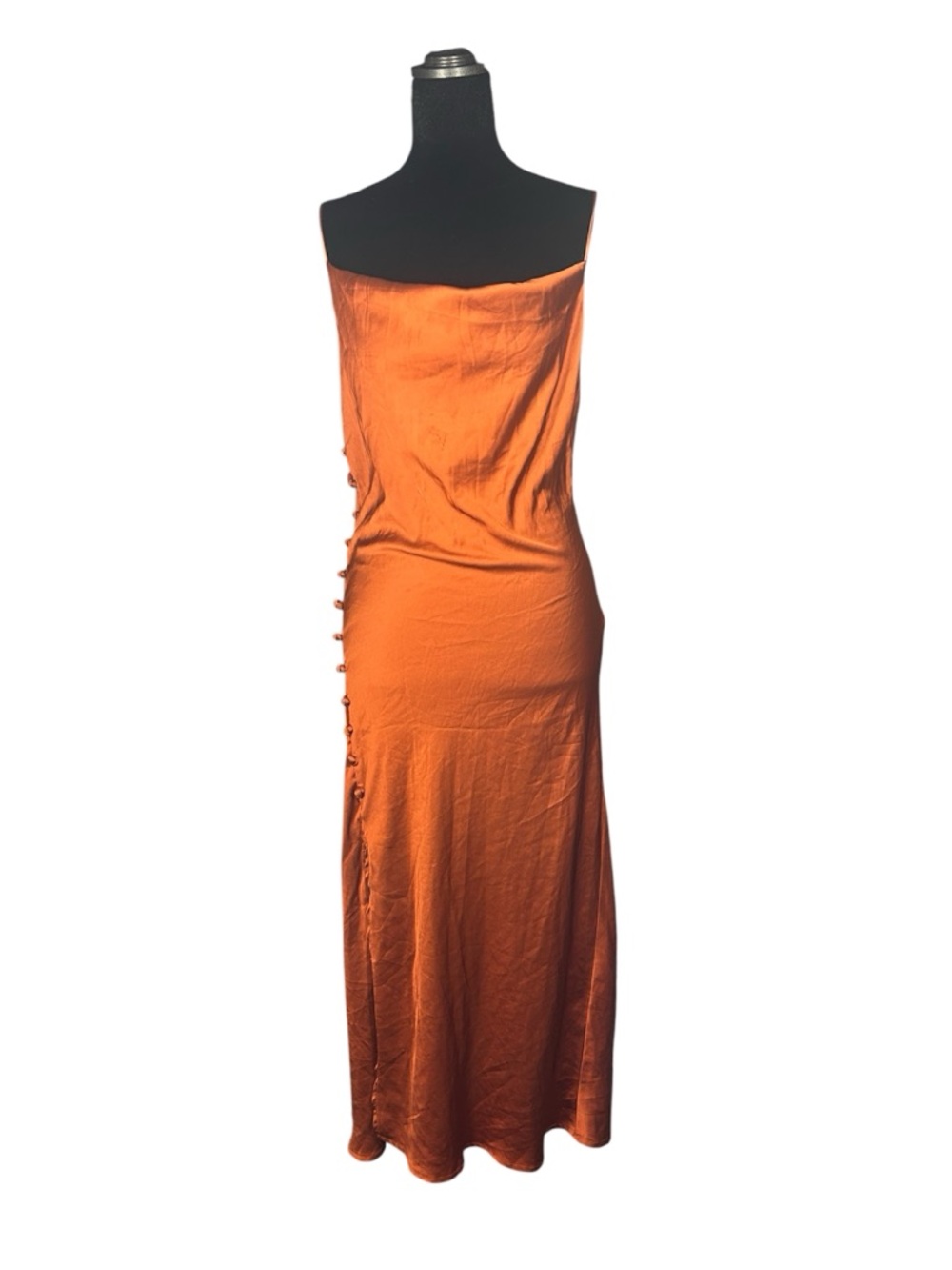 SHEIN Burnt Orange Satin Cowl Neck Maxi Dress Side Slit Button Detail Small